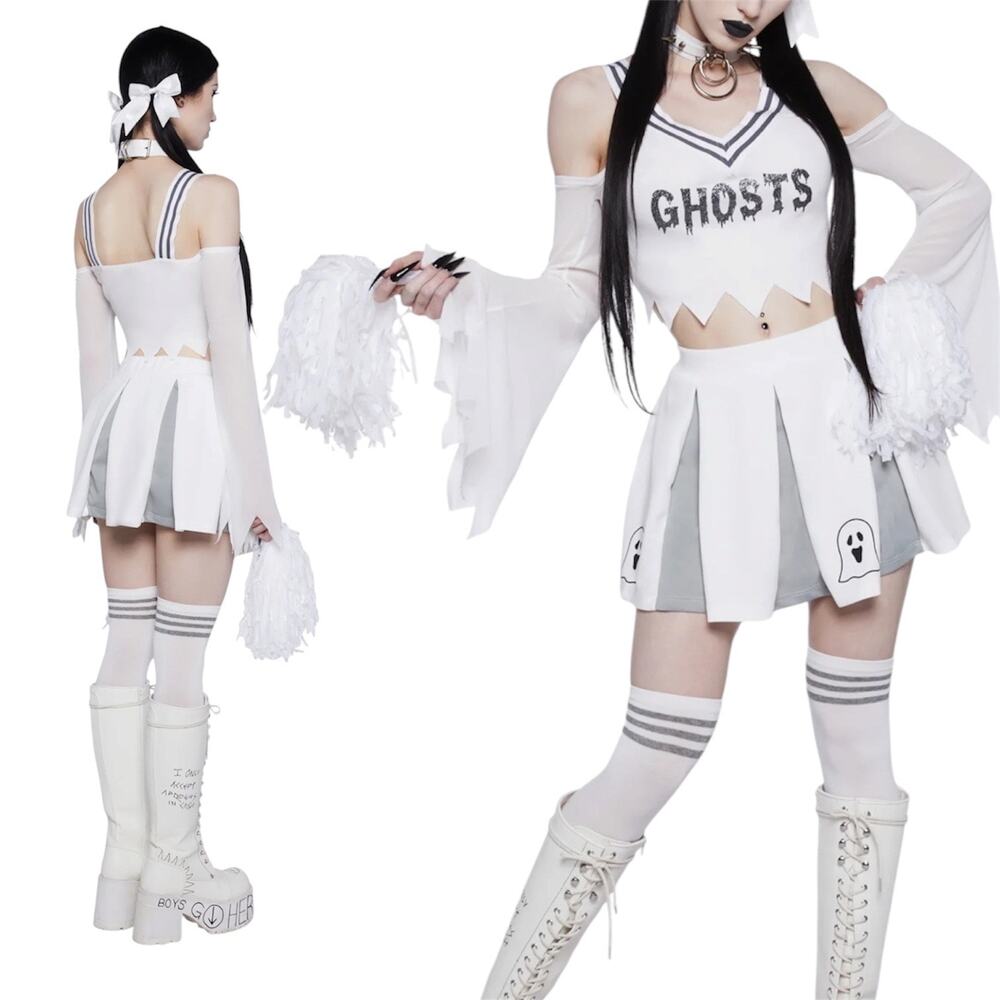 Dolls Kill Pastel Goth Spooky Cheerleader Costume Set White Gray Size XXS NEW